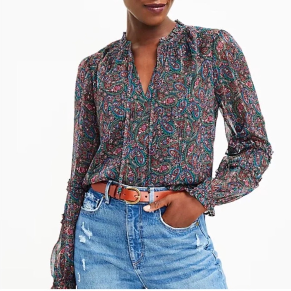 NWT Loft Shimmer Paisley Ruffle Tie Neck Blouse Medium